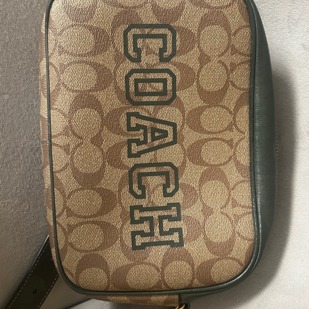 Coach Signature Tan and Green Crossbody Camera Bag